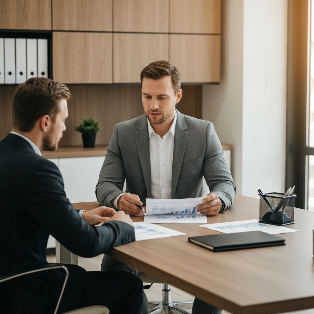 Consultor financiero en reunión con cliente revisando documentos