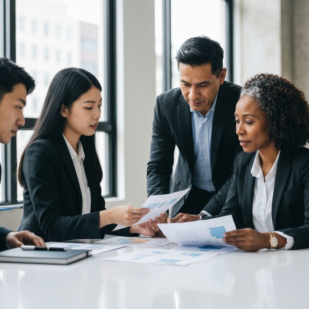 Equipo de profesionales financieros trabajando juntos en proyectos de modelado